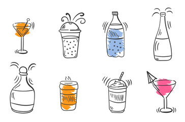 Drinks doodle set. Bottles, glass, cocktails. Water, wine and juice. Set of smoothies in different cups. Superfoods and health or detox diet food concept in sketch style. Hand drawn vector style