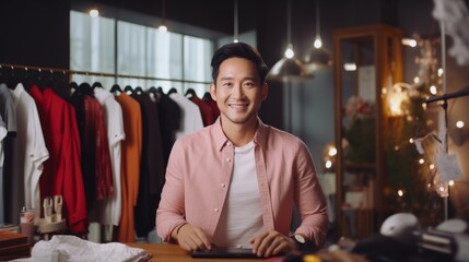 happiness smart confident asia male man boutiqe store shop owner portrait shot smiling cheerful stading in his cloth store shop business owner concept
