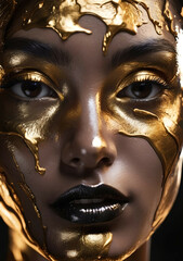 Golden paint smudges drips from the face lips and hand, golden liquid drops on beautiful model girl's mouth, creative abstract makeup. Beauty woman face