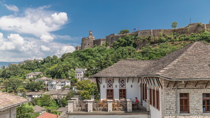 Panorama showing Gjirokastra city from the viewpoint with the fortress of the Ottoman castle of...