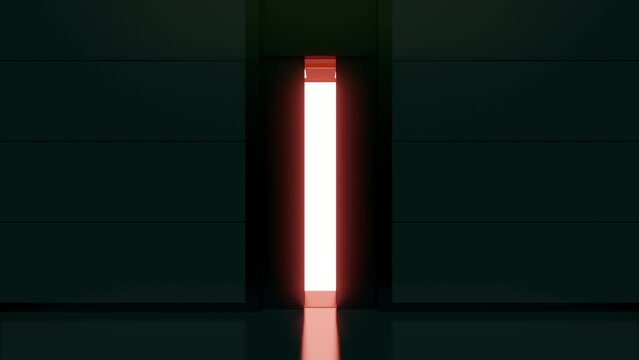 Opening elevator metal doors in dark interior hall office or house. Realistic 3d animation.