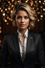 Close-up Portrait of a successful businesswoman wearing a black suit on a black gold background.