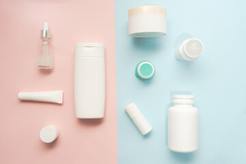 A lot of bottle and jar for cosmetic on two colored background