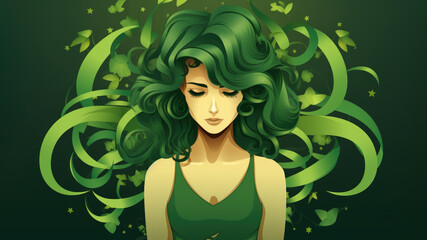 Woman with vibrant green hair and matching green dress. Fashion, beauty, or creative concepts.