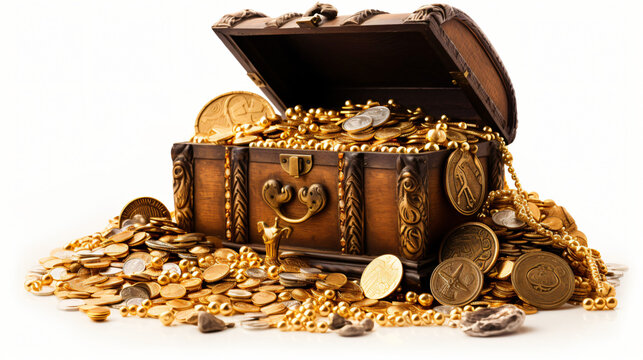 Treasure chest full of antique gold coins