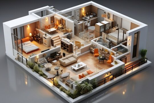 Stunning 3D model on detailed architecture floorplan showcasing modern home design, architectural precision, and meticulous planning for innovative living spaces