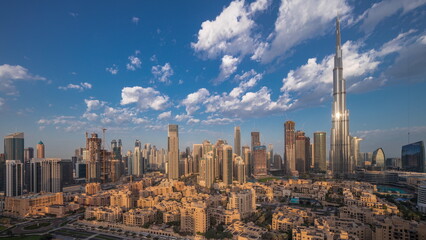 Dubai Downtown night to day timelapse with tallest skyscraper and other towers