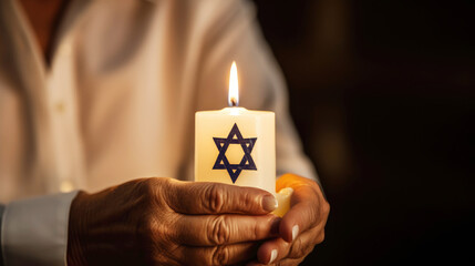Woman holds a burning candle featuring the Star of David. Concept for International Holocaust Remembrance Day. Memory day observed on January 27 to commemorate the Holocaust. Banner, copy space