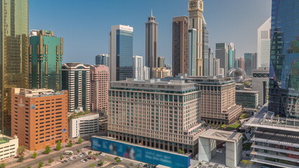 Dubai International Financial district aerial timelapse. Panoramic view of business and financial office towers.
