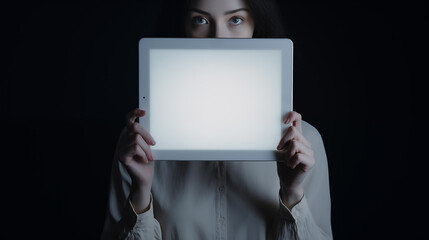 Woman holding an ipad in front of the camera in a dark atmosphere and black background