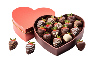 Festive gift box heart shaped with delicacy dessert strawberries in chocolate candies for Valentine's Day or as a compliment on a transparent isolated background