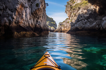 A sea kayak adventure along the coastline - offering the chance to explore hidden coves and paddle in clear waters - providing an exhilarating coastal exploration experience. - obrazy, fototapety, plakaty
