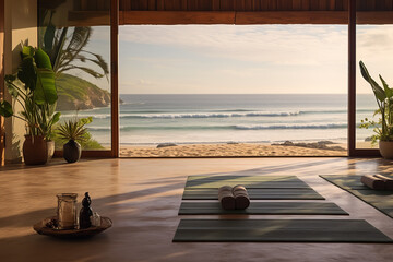 A seaside yoga retreat offering ocean-inspired sessions in a tranquil environment - perfect for wellness enthusiasts seeking to combine mindful practices with the calming sea ambiance. - obrazy, fototapety, plakaty