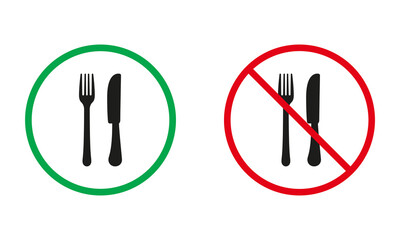 No Food Allowed, Dinner Prohibited Symbols. Knife and Fork Warning Signs. Eating In Restaurant Silhouette Icons Set. Isolated Vector Illustration