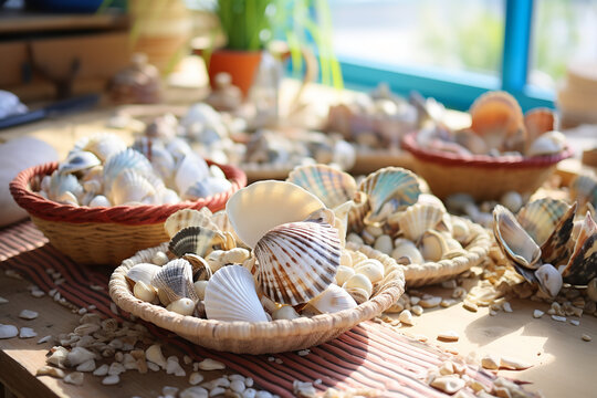 A seashell craft workshop where participants create art from ocean treasures - fostering coastal creativity and making beach-inspired crafts as unique keepsakes.