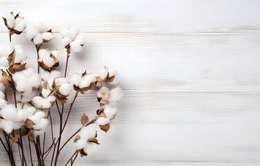 Dried fluffy cotton flower branch on white wooden table top view