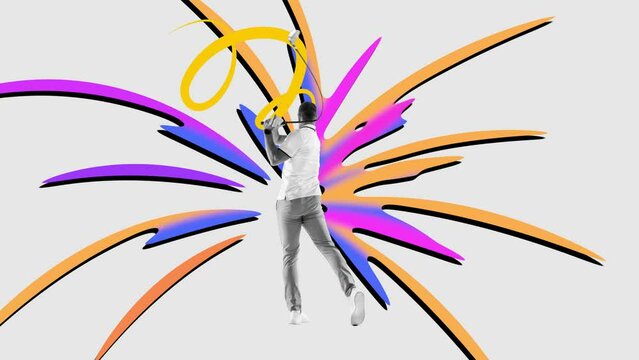 Man, golf player in a white shirt taking a swing over multicolored background. Sports club. Stop motion, animation. Concept of professional sport, competition and match, dynamics. Poster, ad