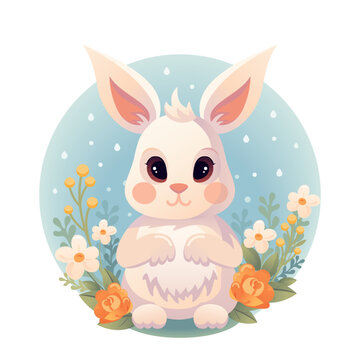 Cute Easter bunny in cartoon style. Meadow flowers, rain. Childrens character in pastel colors for poster, t-shirt, banner, card, cover