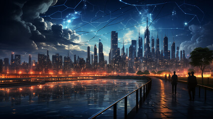 Obraz premium Starry Network Over Urban Waterfront