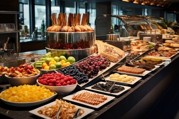 selection of food at breakfast buffet restaurant at hotel closeup - obrazy, fototapety, plakaty