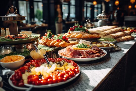 food at breakfast buffet at hotel restaurant closeup
