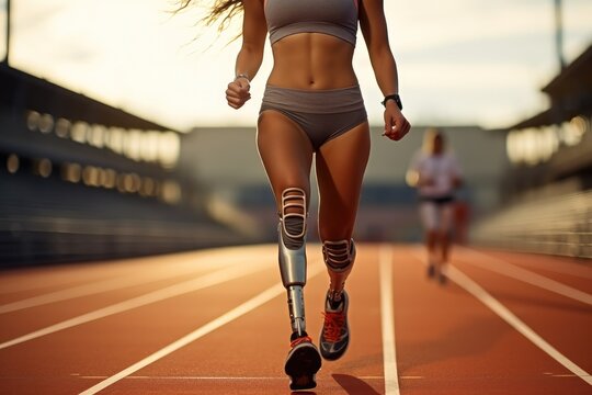 Disabled athlete woman with prosthetic legs is run on race in a track.