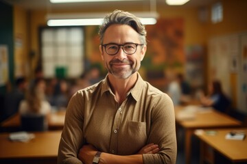 Fototapeta premium Portrait of smiling teacher man in a classroom at elementary school.