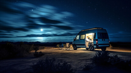 Fototapeta na wymiar Van car under stars during midnight