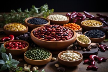 variety of beans on the table. Vegan diet. High in protein food. - obrazy, fototapety, plakaty
