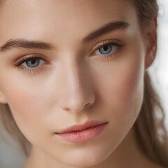 Fototapeta premium Close-up of a woman's face, showing a thoughtful expression as she compares products