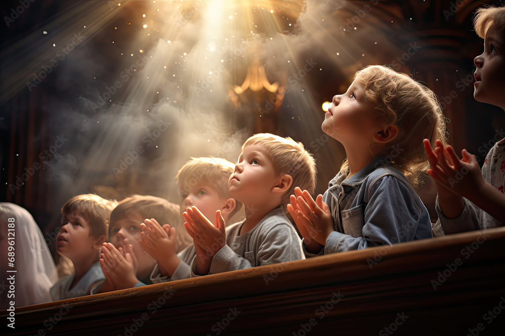 Wall mural kids pray to god and jesus in the church - Wall murals