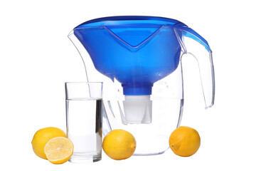 PNG,Water filter with fresh lemons and glass, isolated on white background