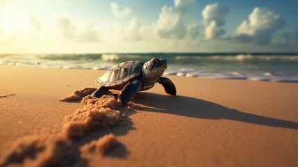 little turtle crawling across a sandy beach