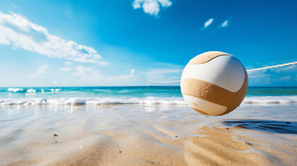 Volleyball ball on the beach with blue sky and blue