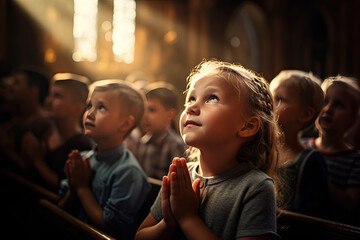 kids pray to god and jesus in the church - obrazy, fototapety, plakaty