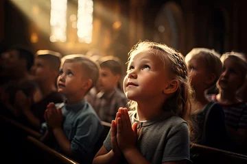 Fotobehang kids pray to god and jesus in the church © Kien