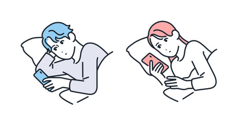 寝ながらスマートフォンを見る若い男女のシンプルなベクターイラストセット素材