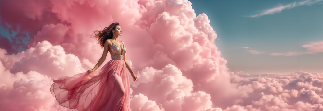woman in a pink flowing dress among pink clouds