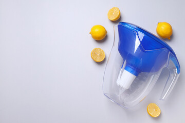 Water filter with fresh lemons on a white background