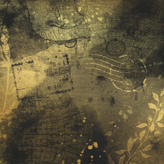 Black and gold vintage map. Creative scrapbook paper design. Decorative backdrop with leather texture universal use