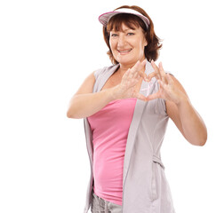 Mature portrait woman, breast cancer ribbon and heart hands for awareness, disease recovery fitness...