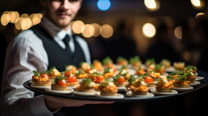 Waiter carrying appetizers on a plate on some festive event, Catering service.