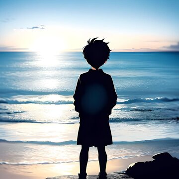 Cute Boy Standing on The Beach Looking at Sun in Horizon Anime Illustration