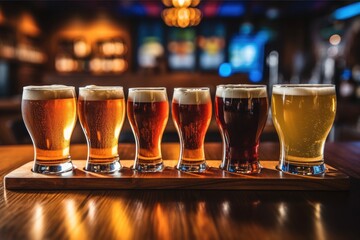 Glasses of different types of craft draught beer in glasses in pub. - obrazy, fototapety, plakaty