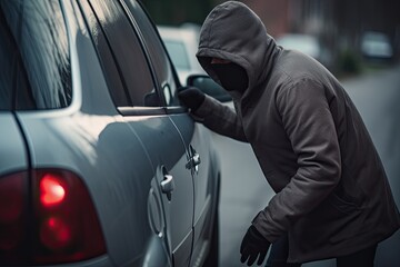 thief wearing a hoodie and dark clothes breaking into a parked car to steal it - obrazy, fototapety, plakaty
