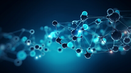 3D rendering molecule structure on blue background. Science and medical background