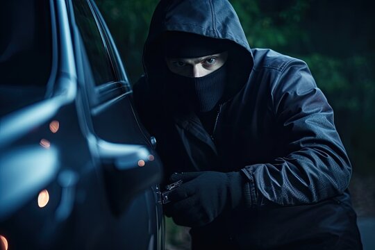 thief wearing a hoodie and dark clothes breaking into a parked car to steal it