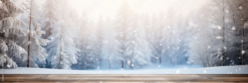 Poster Empty top wooden table with blur background of beautiful winter, Background snowfall.