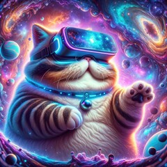 Cat wearing VR headset, surreal worlds and colorful. background Generative AI