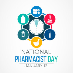 Pharmacist day is observed every year on January 12, The day focuses on the importance of pharmacists, and it honors how much they impact our health and well-being. Vector illustration